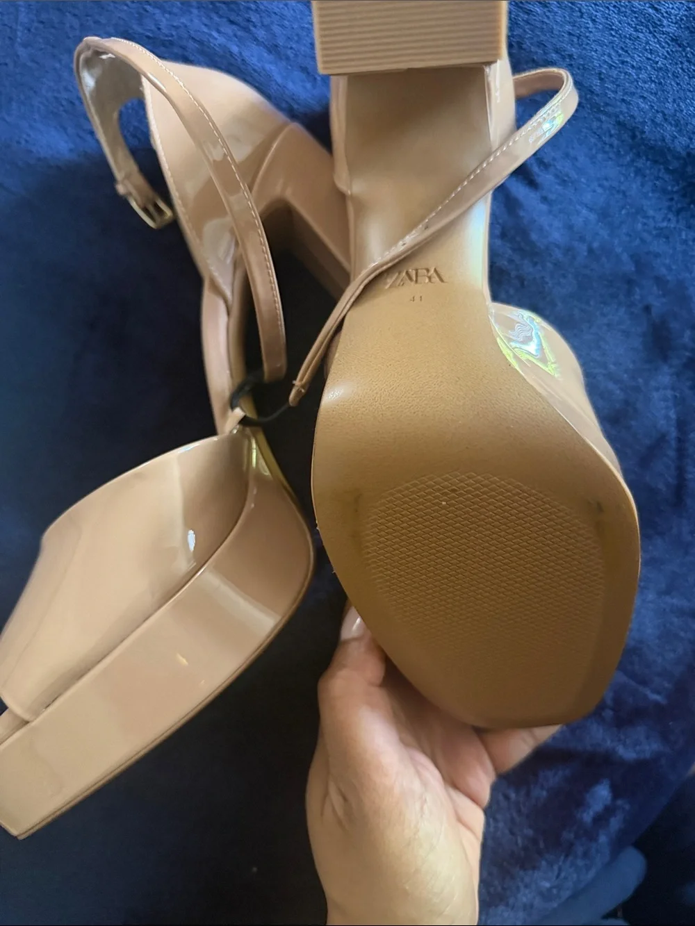 Zara Beige Patent Block Heel Sandals with Ankle Strap